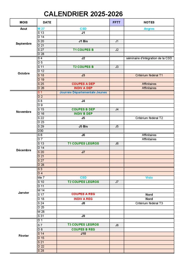 Calendrier saison 2025-2026