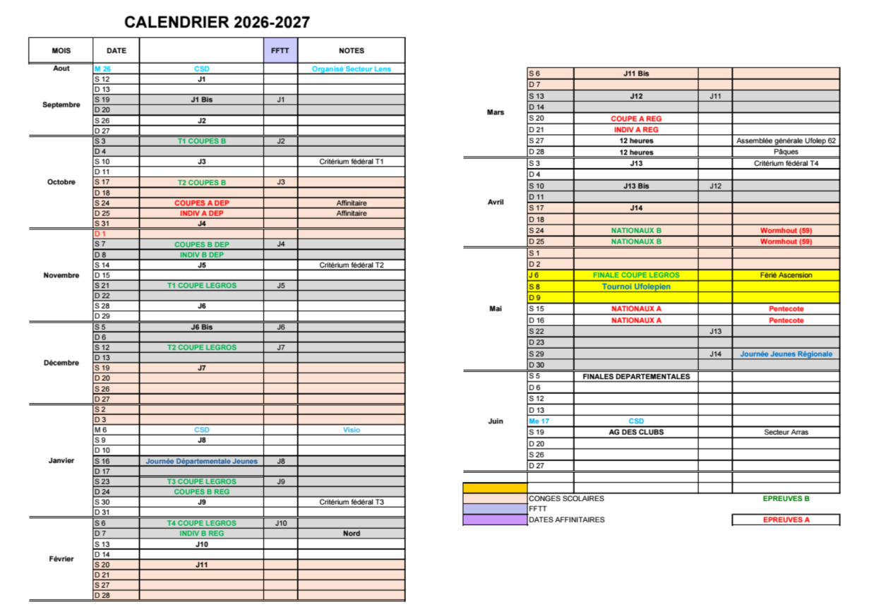 Calendrier 2026 2027
