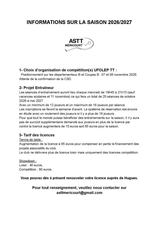 Informations saison 2026-2027